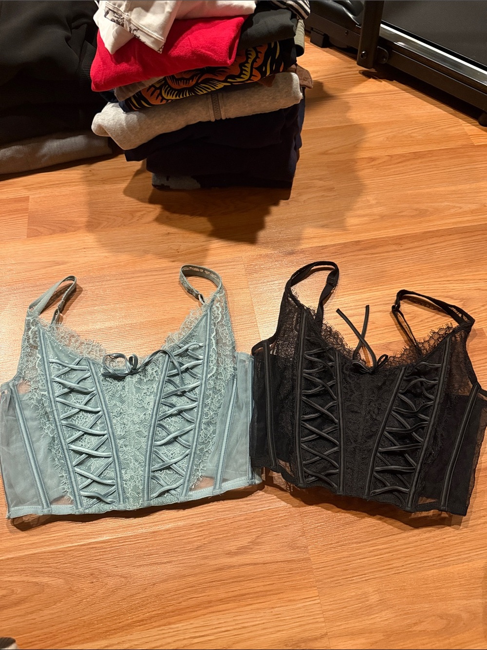 VS Lace Corset Crop Tops - Light Blue and Black